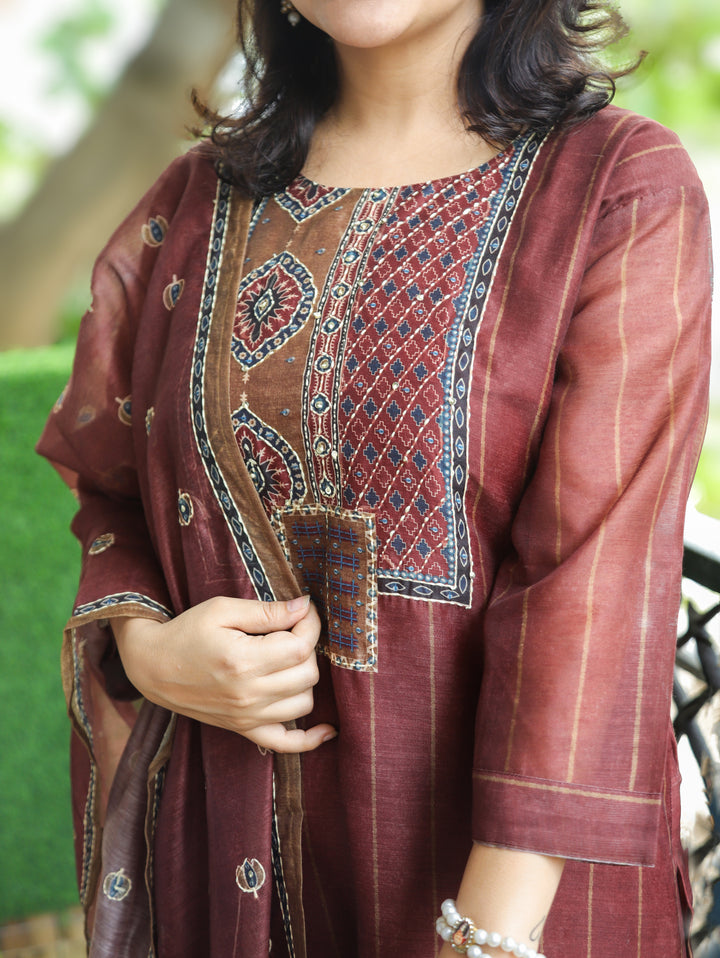 Elisha Barn Maroon Kantha Embroidered Chanderi 3 Piece Set