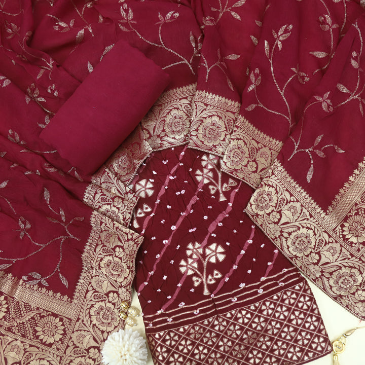 Hassmu Maroon Red Bandhej Work Dola Silk Top with Dola Silk Dupatta