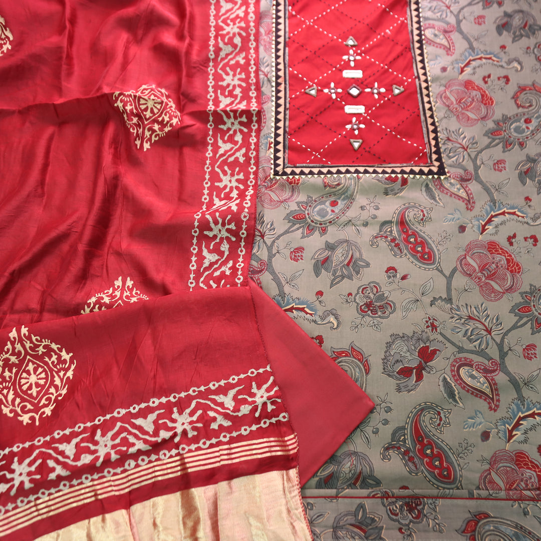 Nishvari Hazel Tan Mirror Patch Paisley Printed Cotton Set