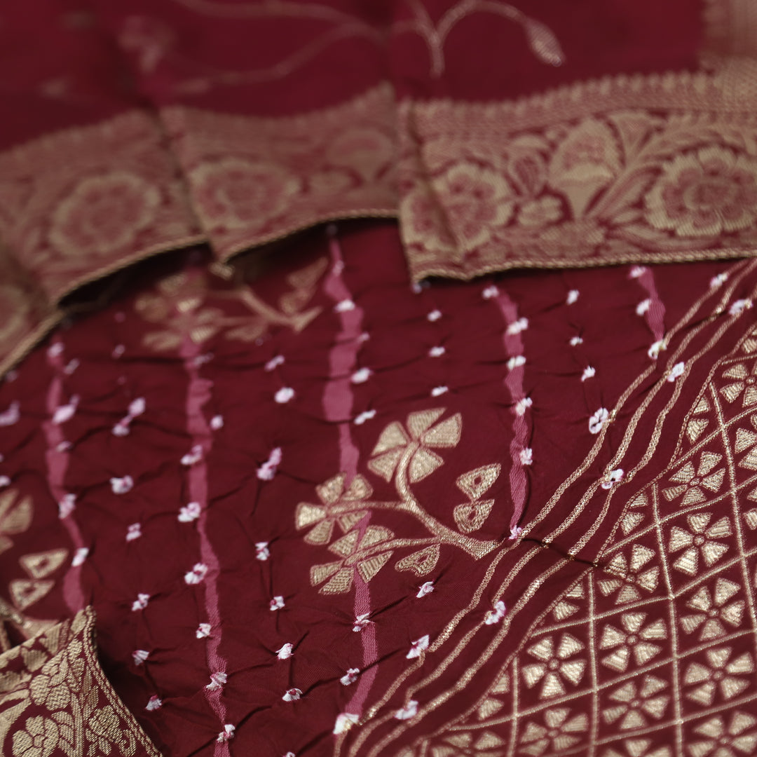 Hassmu Maroon Red Bandhej Work Dola Silk Top with Dola Silk Dupatta
