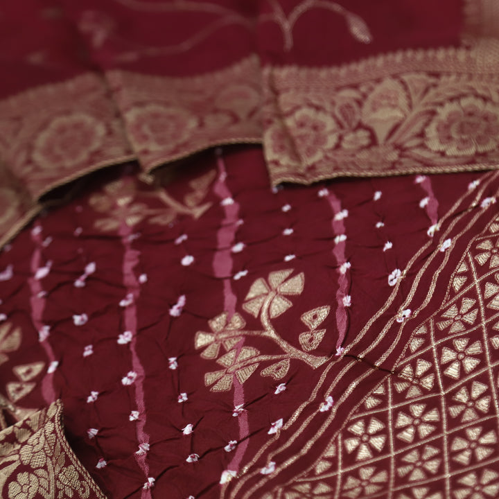 Hassmu Maroon Red Bandhej Work Dola Silk Top with Dola Silk Dupatta