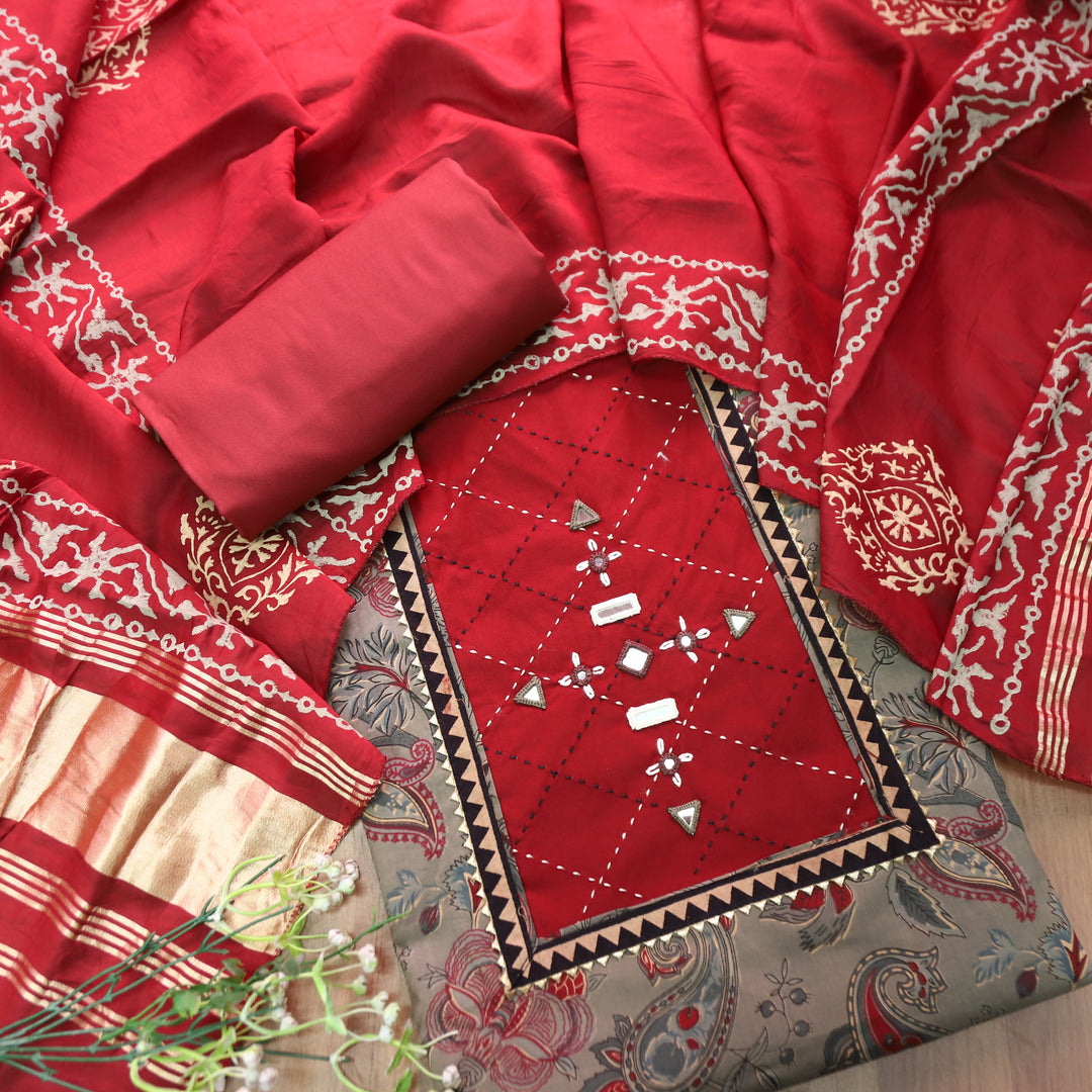 Nishvari Hazel Tan Mirror Patch Paisley Printed Cotton Set