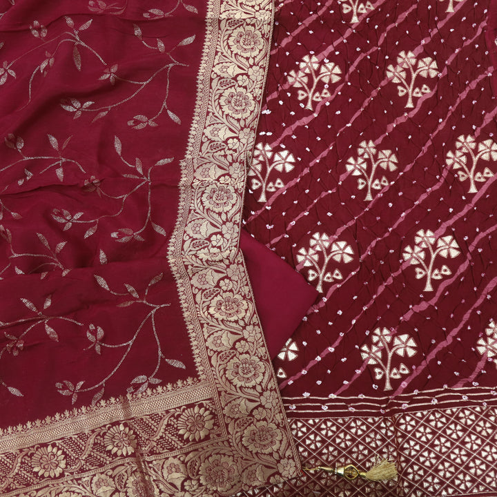 Hassmu Maroon Red Bandhej Work Dola Silk Top with Dola Silk Dupatta