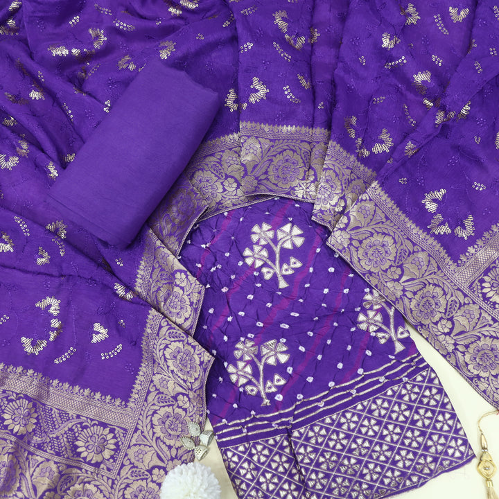 Hassmu Ocean Purple Bandhej Work Dola Silk Top with Dola Silk Dupatta