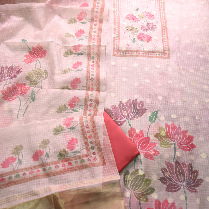 Ravaya Shell White Patra Work Floral Print Yoke Brocade Kota doriya Set