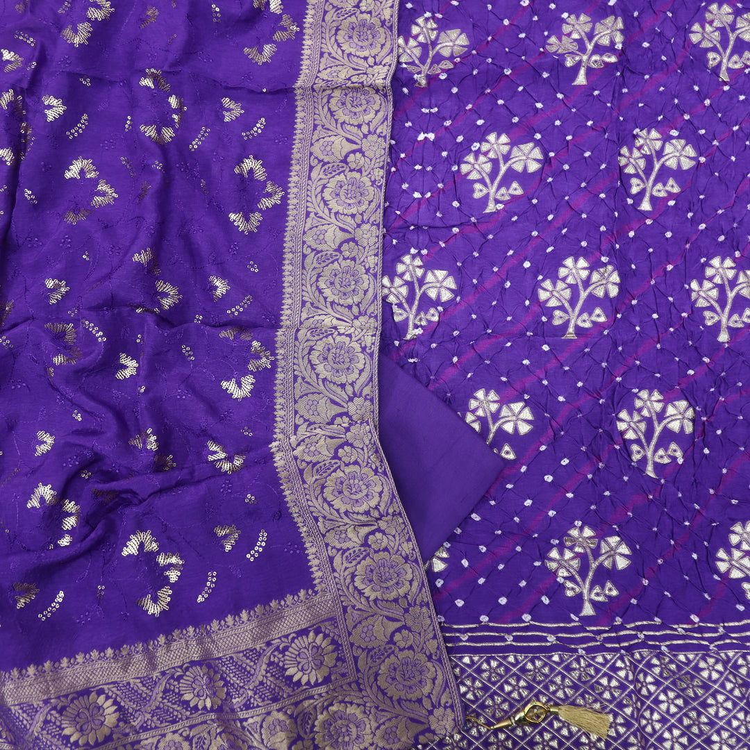 Hassmu Ocean Purple Bandhej Work Dola Silk Top with Dola Silk Dupatta