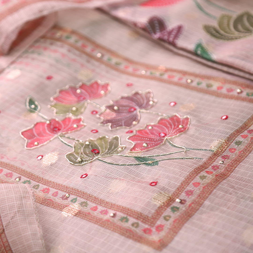 Ravaya Shell White Patra Work Floral Print Yoke Brocade Kota doriya Set