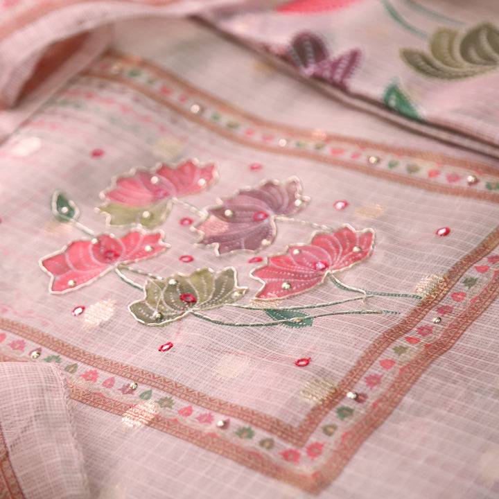 Ravaya Shell White Patra Work Floral Print Yoke Brocade Kota doriya Set