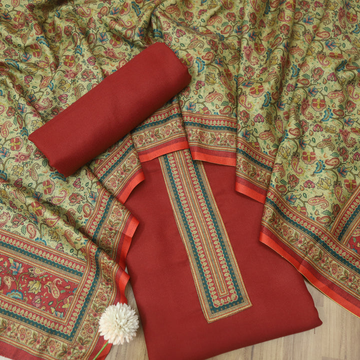 निकुंज Cherry Maroon Patch Printed Semi Pashmina Winter Suit Set