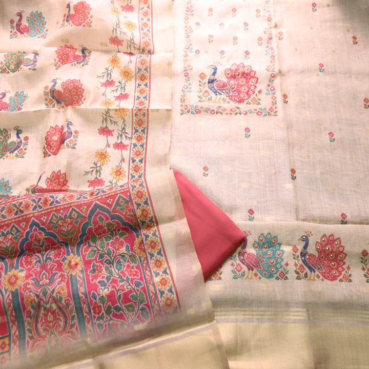 Ravaya Cream White Moti Work Peacoak Print Yoke Brocade Chanderi Set