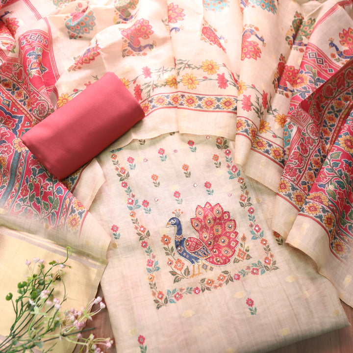 Ravaya Cream White Moti Work Peacoak Print Yoke Brocade Chanderi Set