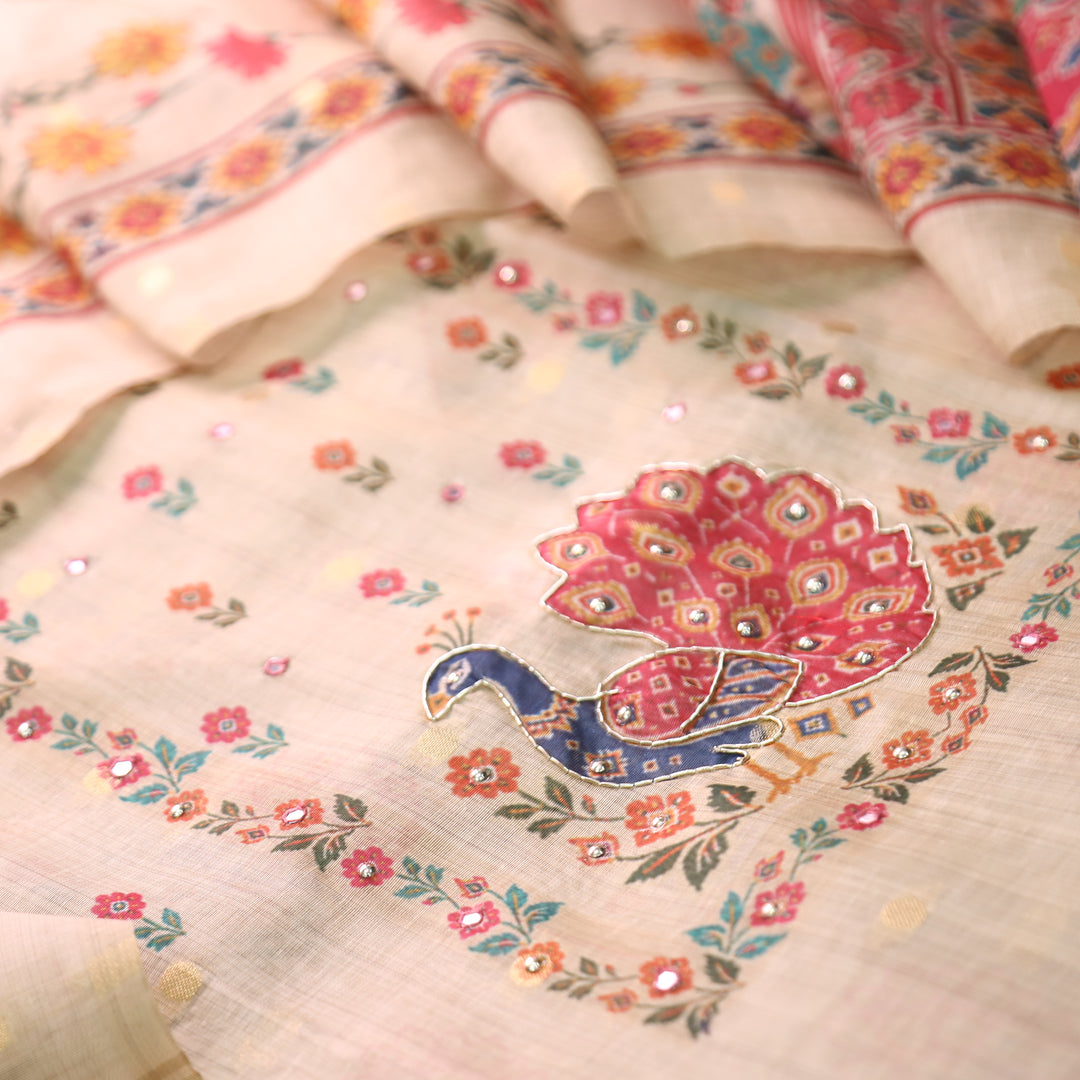 Ravaya Cream White Moti Work Peacoak Print Yoke Brocade Chanderi Set