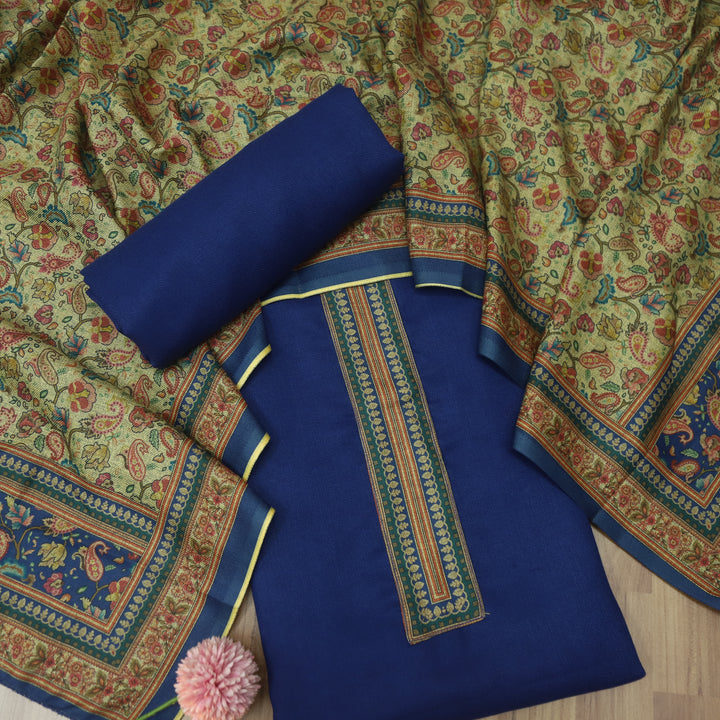 निकुंज Royal Blue Patch Printed Semi Pashmina Winter Suit Set