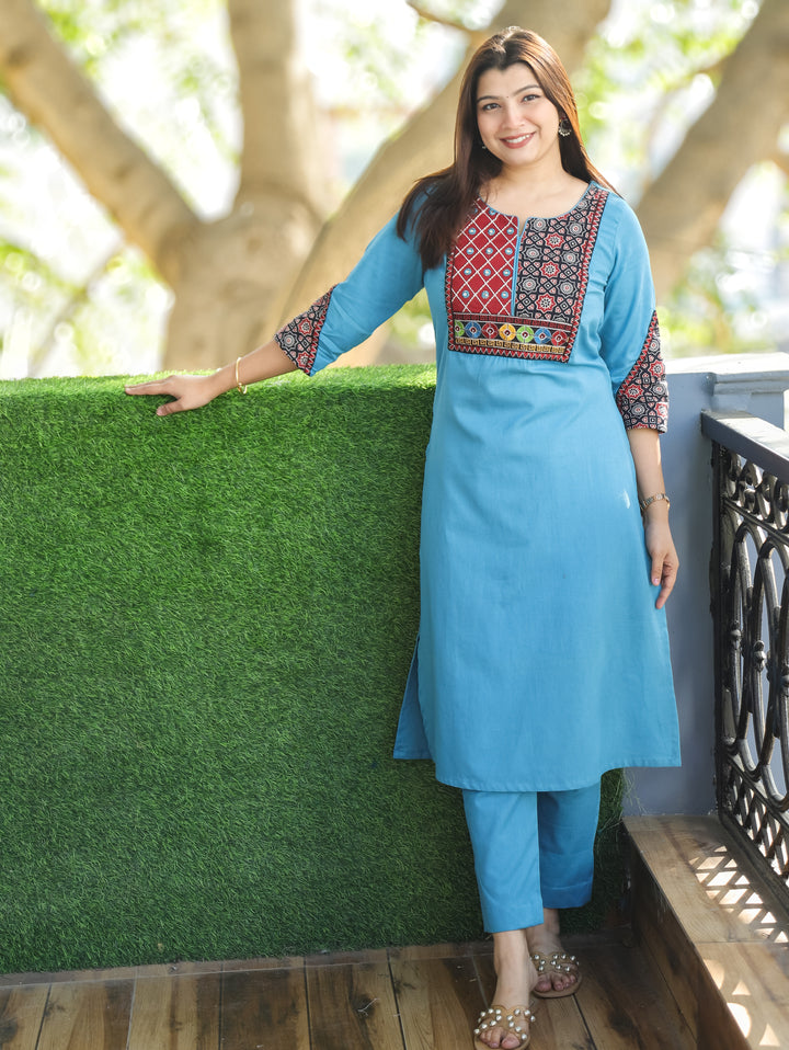 Chandra Aqua Sky Kutch Patch Mirror and Thread Embroidery Cotton Kurti