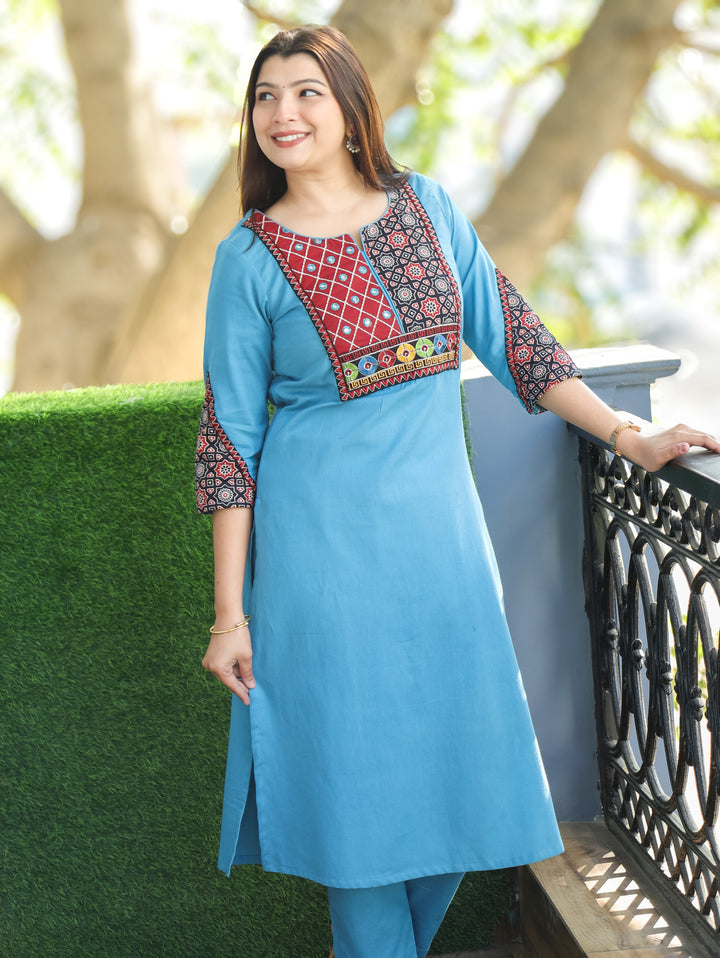 Chandra Aqua Sky Kutch Patch Mirror and Thread Embroidery Cotton Kurti