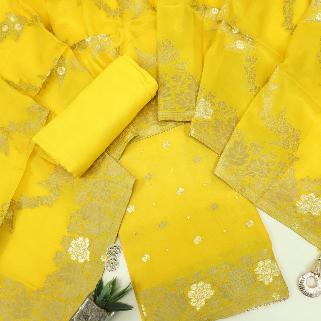 Hassmu Bumblebee Yellow Dola Silk Top and Dola Silk Dupatta