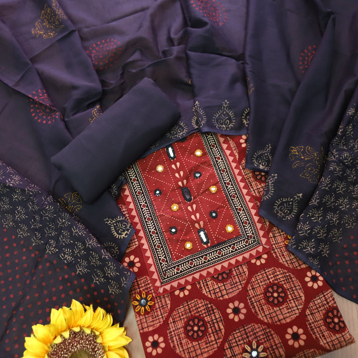 Rasuvi Maroon Red Mirror Kutch Yoke Work Ajrakh Printed Cotton Set