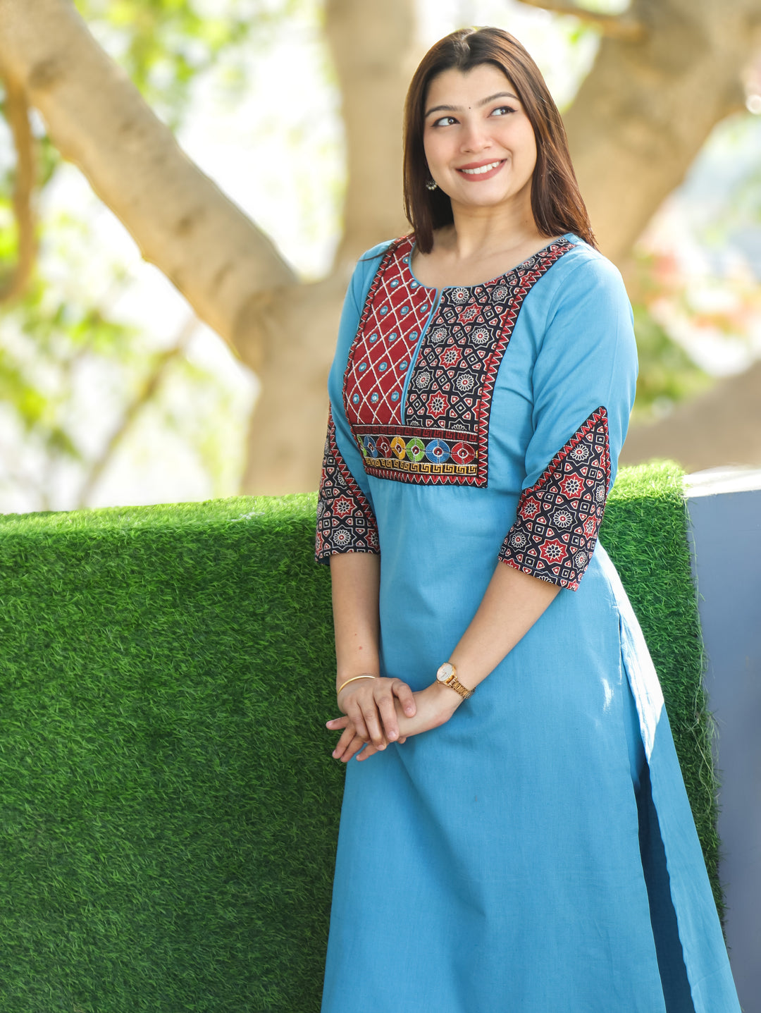 Chandra Aqua Sky Kutch Patch Mirror and Thread Embroidery Cotton Kurti