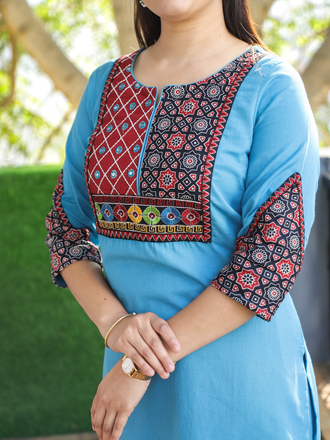 Chandra Aqua Sky Kutch Patch Mirror and Thread Embroidery Cotton Kurti