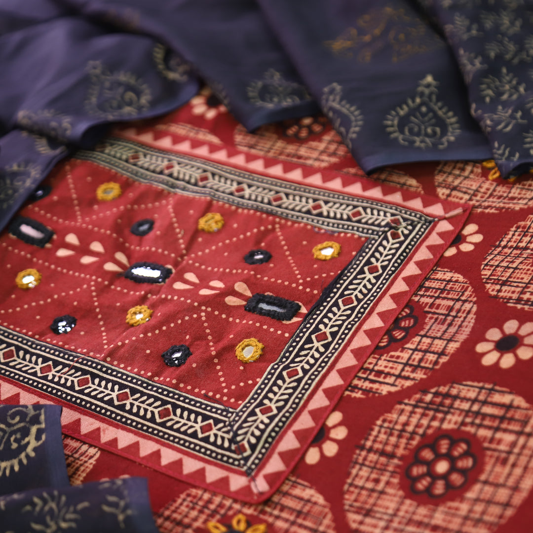 Rasuvi Maroon Red Mirror Kutch Yoke Work Ajrakh Printed Cotton Set
