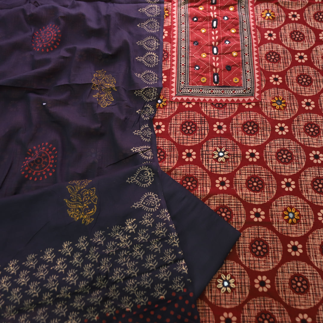 Rasuvi Maroon Red Mirror Kutch Yoke Work Ajrakh Printed Cotton Set