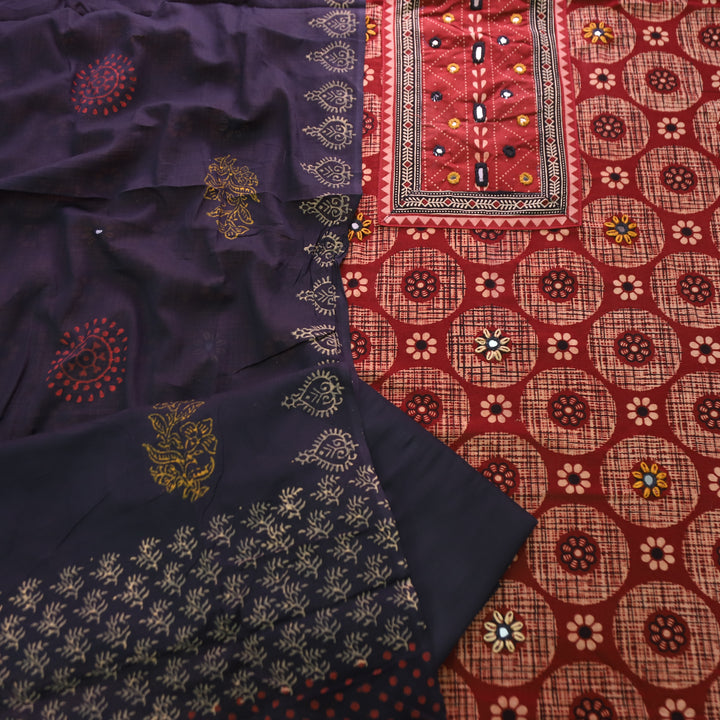 Rasuvi Maroon Red Mirror Kutch Yoke Work Ajrakh Printed Cotton Set