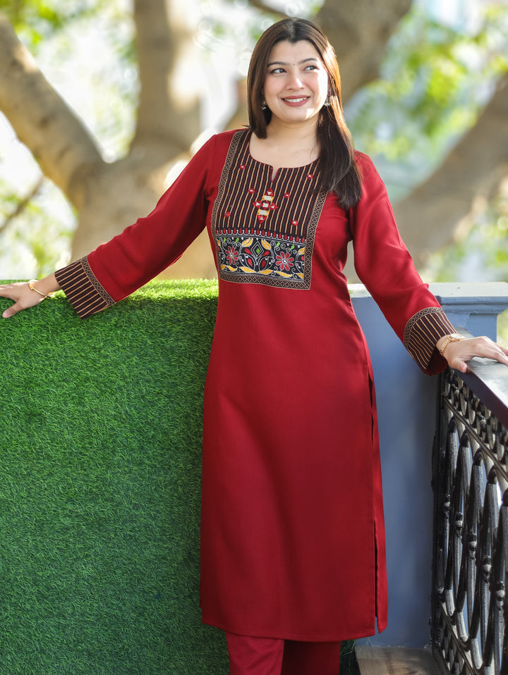 Sonakshi Dark Maroon Kutch Mirror Neck Work Alpine Light Winter Kurti