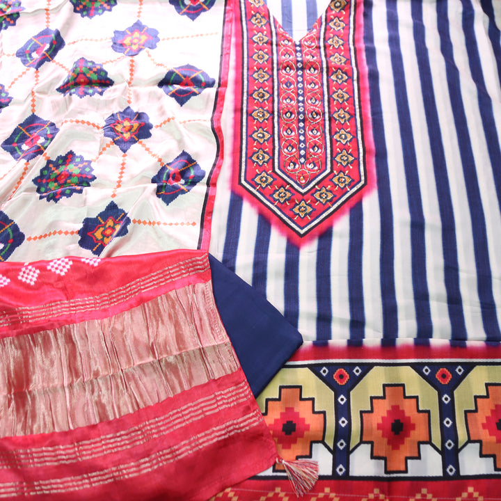 Kavishka White with Blue Stripe with Digital Printed Gajji SIlk Set