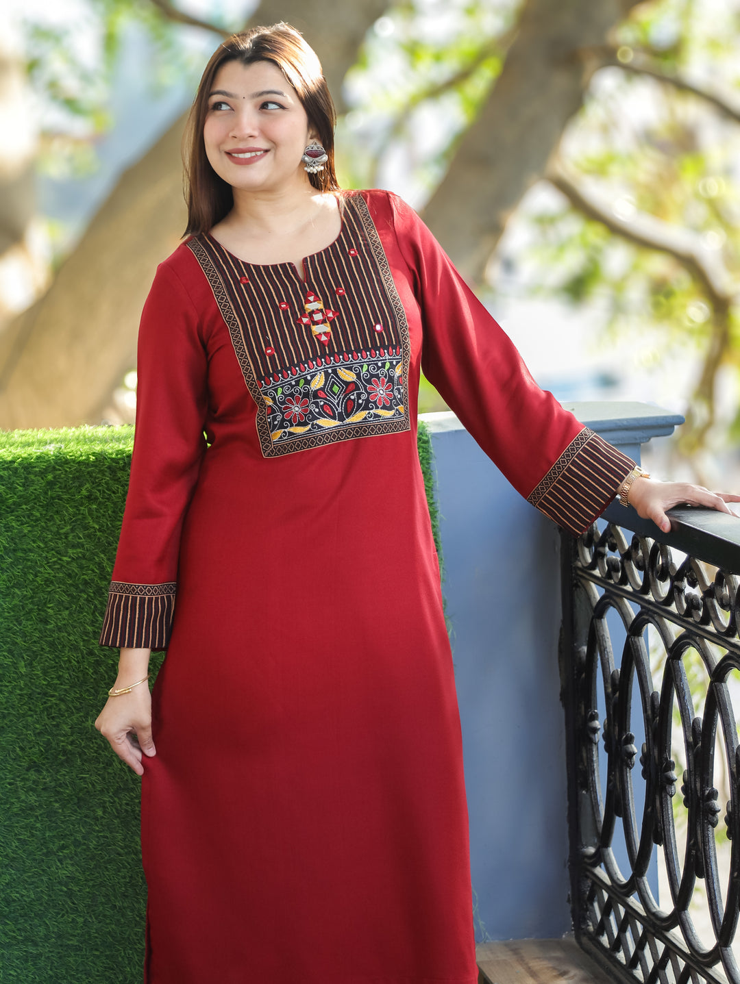 Sonakshi Dark Maroon Kutch Mirror Neck Work Alpine Light Winter Kurti
