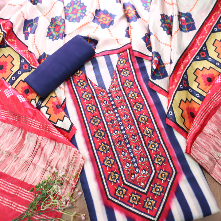 Kavishka White with Blue Stripe with Digital Printed Gajji SIlk Set
