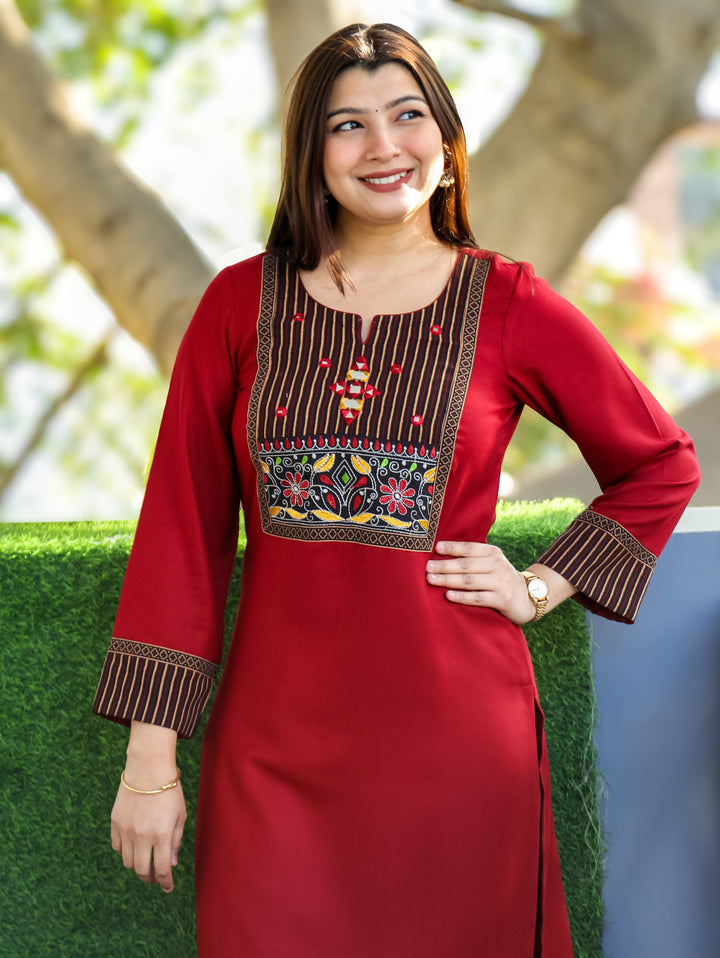 Sonakshi Dark Maroon Kutch Mirror Neck Work Alpine Light Winter Kurti