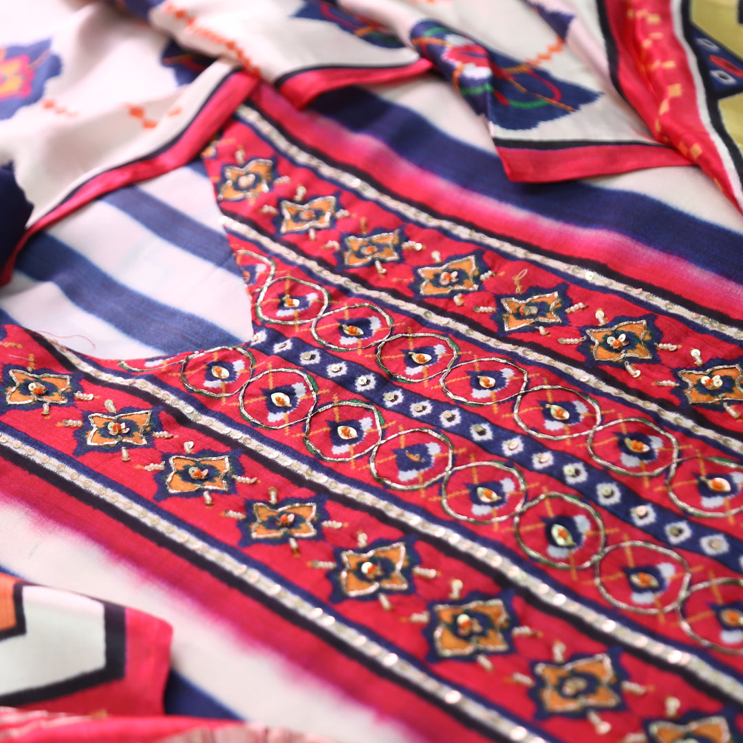 Kavishka White with Blue Stripe with Digital Printed Gajji SIlk Set