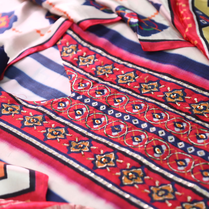 Kavishka White with Blue Stripe with Digital Printed Gajji SIlk Set