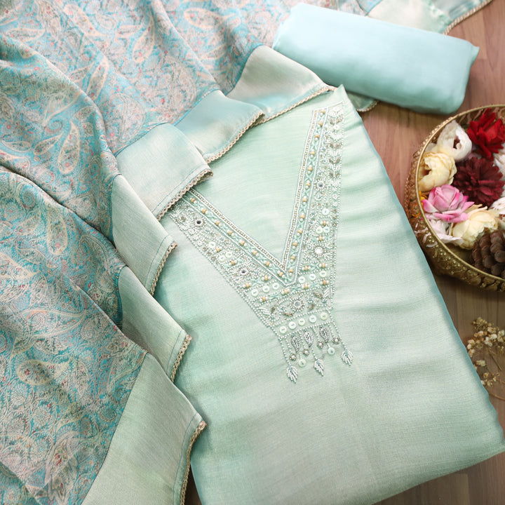 Naari Crystle Ocean Moti Work with Hanging Ziraf Silk Set