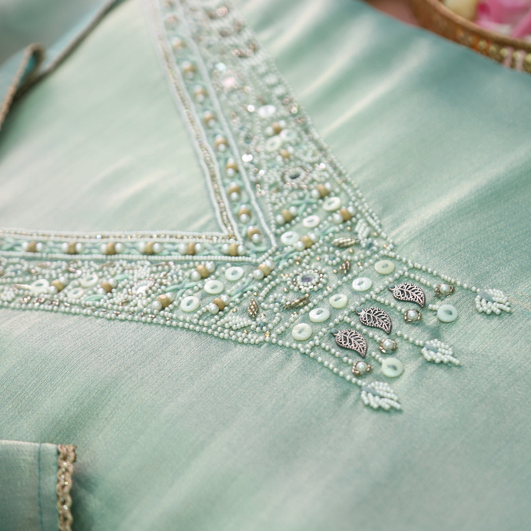 Naari Crystle Ocean Moti Work with Hanging Ziraf Silk Set