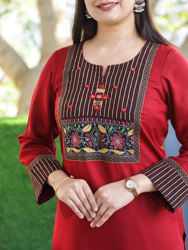 Sonakshi Dark Maroon Kutch Mirror Neck Work Alpine Light Winter Kurti