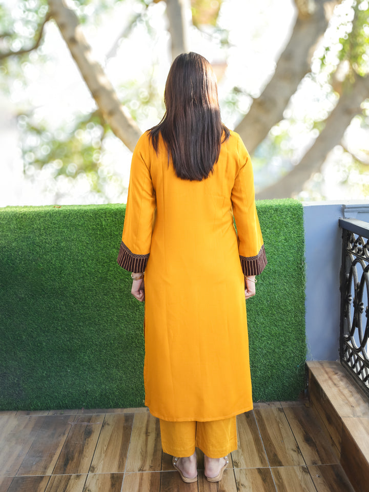 Sonakshi Bright Yellow Kutch Mirror Neck Work Alpine Light Winter Kurti