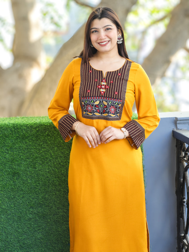 Sonakshi Bright Yellow Kutch Mirror Neck Work Alpine Light Winter Kurti