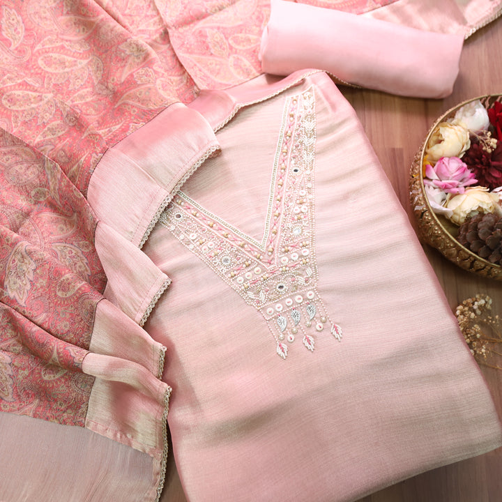 Naari Blush Pink Moti Work with Hanging Ziraf Silk Set