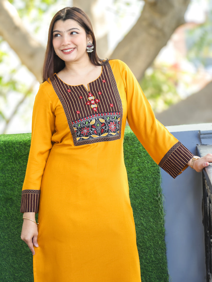 Sonakshi Bright Yellow Kutch Mirror Neck Work Alpine Light Winter Kurti