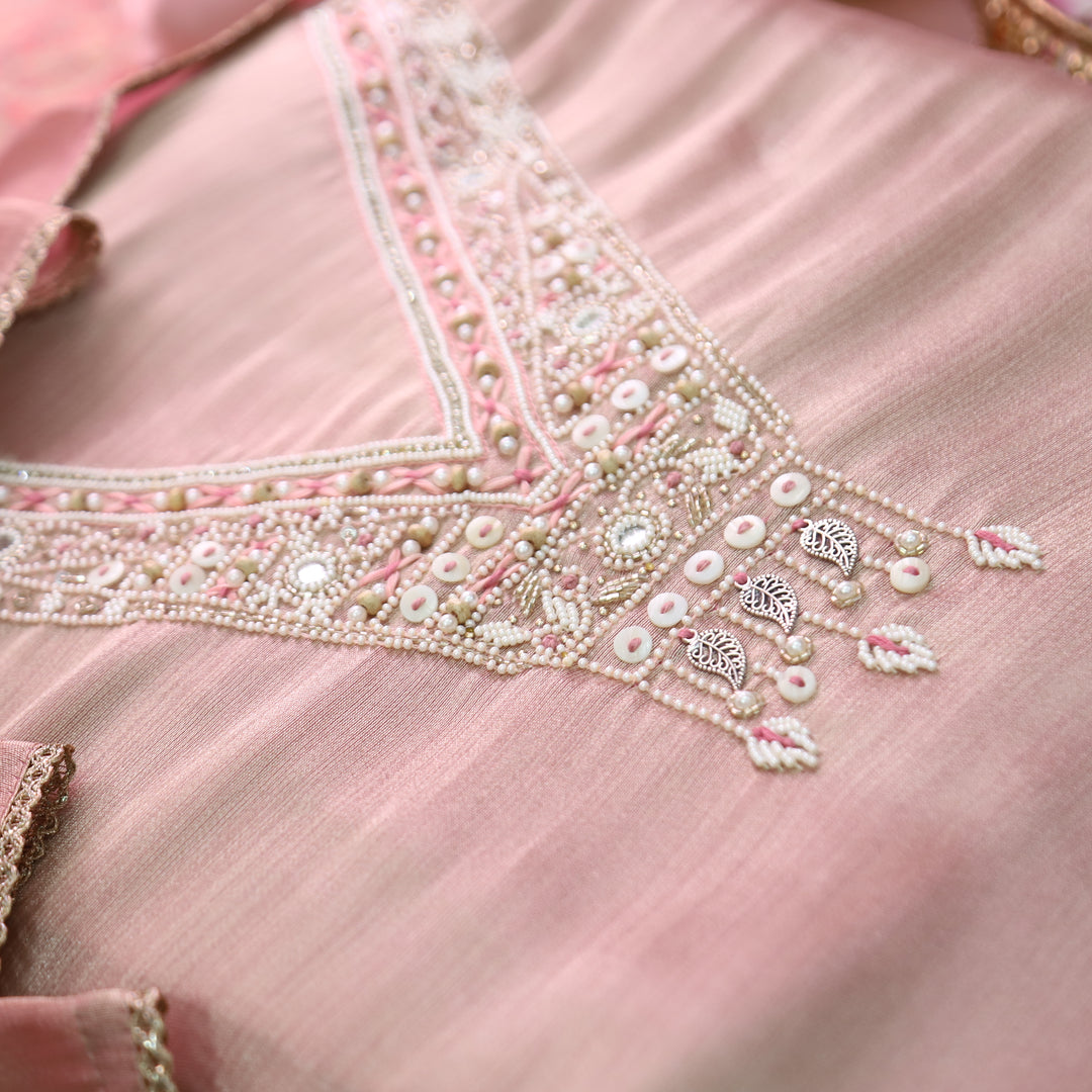 Naari Blush Pink Moti Work with Hanging Ziraf Silk Set