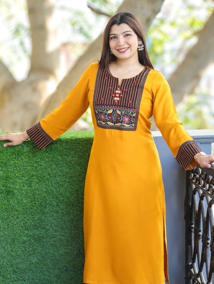 Sonakshi Bright Yellow Kutch Mirror Neck Work Alpine Light Winter Kurti
