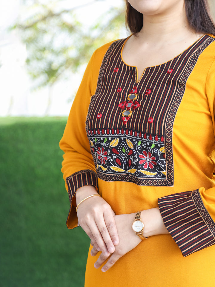 Sonakshi Bright Yellow Kutch Mirror Neck Work Alpine Light Winter Kurti