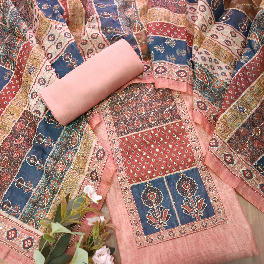 Laavanya Coral Peach Printed Yoke with Kantha Work Chanderi Set