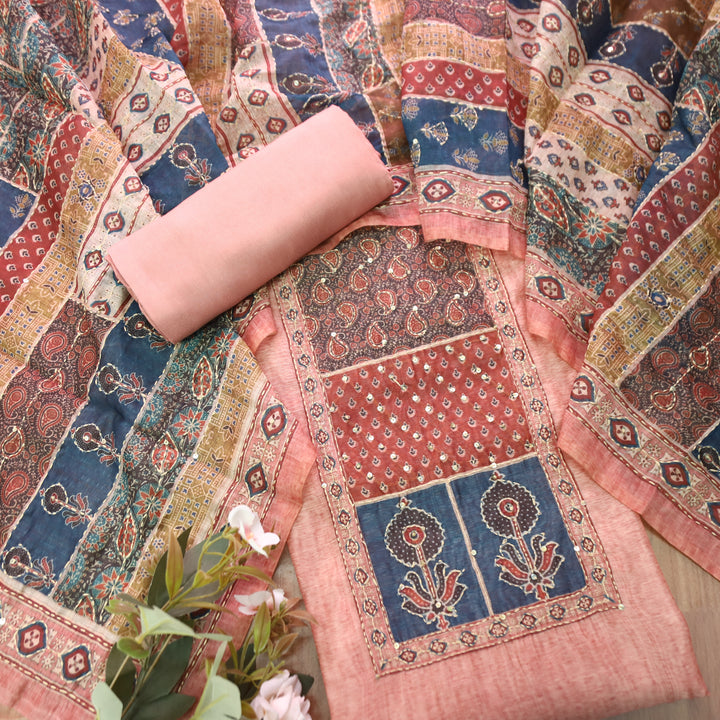 Laavanya Coral Peach Printed Yoke with Kantha Work Chanderi Set