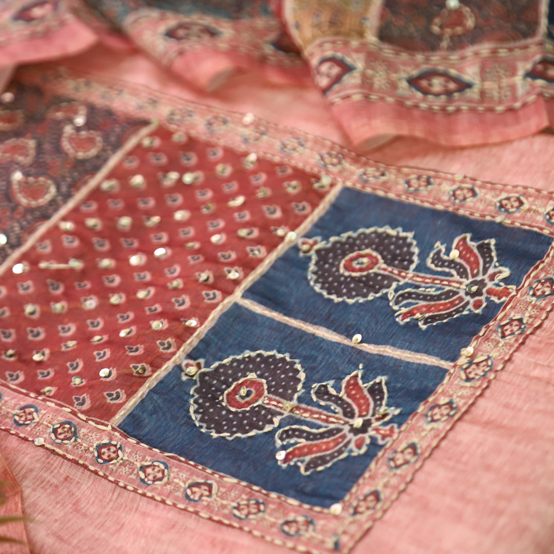 Laavanya Coral Peach Printed Yoke with Kantha Work Chanderi Set