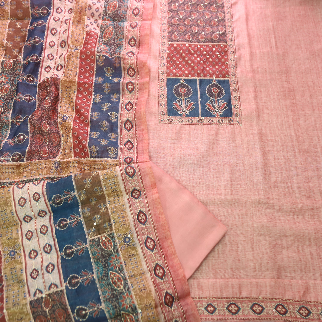 Laavanya Coral Peach Printed Yoke with Kantha Work Chanderi Set
