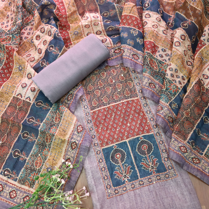 Laavanya Berry Lilac Printed Yoke with Kantha Work Chanderi Set