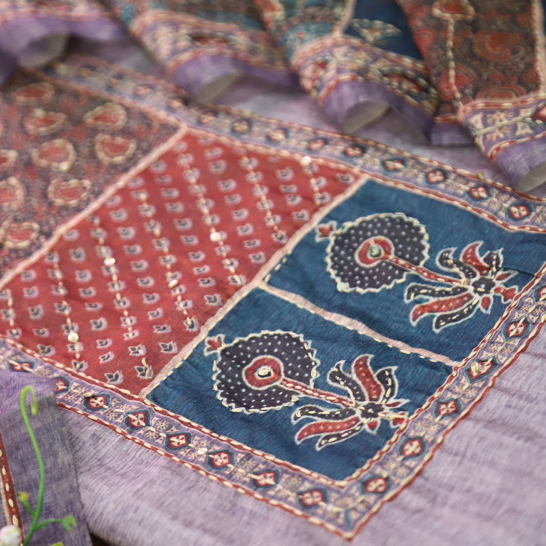 Laavanya Berry Lilac Printed Yoke with Kantha Work Chanderi Set