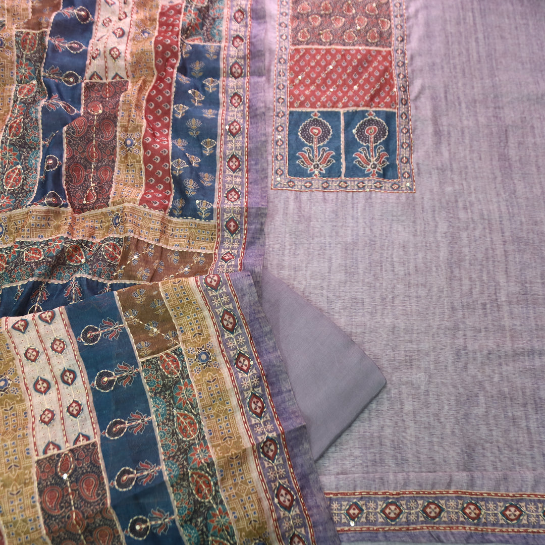 Laavanya Berry Lilac Printed Yoke with Kantha Work Chanderi Set